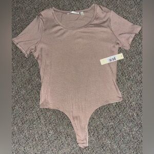 NWT Women’s Tan Ribbed Bodysuit - Short Sleeve, Thong - Cyrus, Size Large